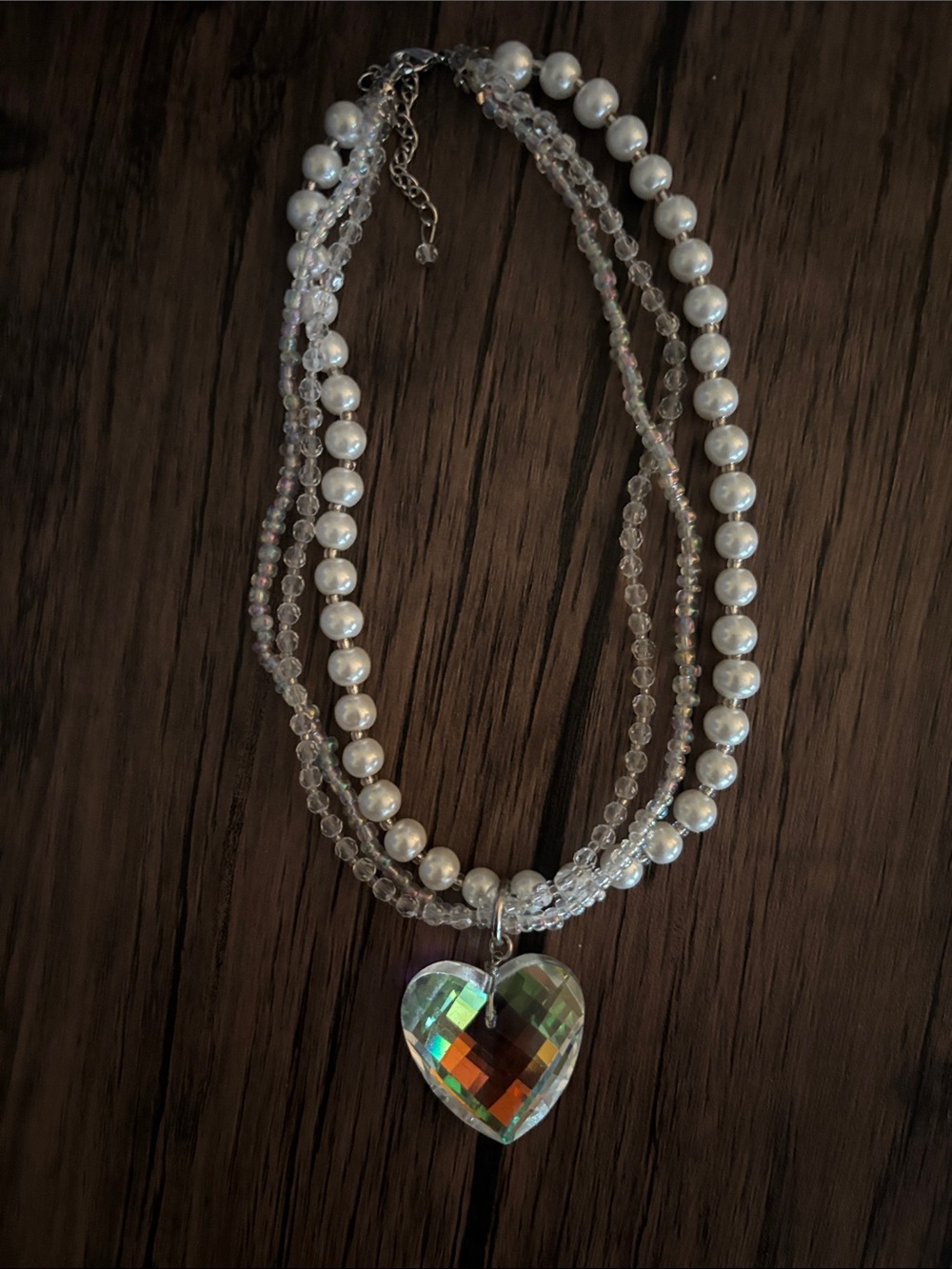Swarovski Multi-Strand Pearl and Crystal Necklace with Iridescent Heart Pendant